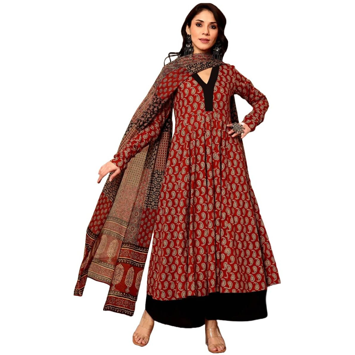 ANNI DESIGNER Women's Rayon Viscose Anarkali Printed Kurta with Palazzo & Dupatta (JATHI RED_M_Red_Medium)