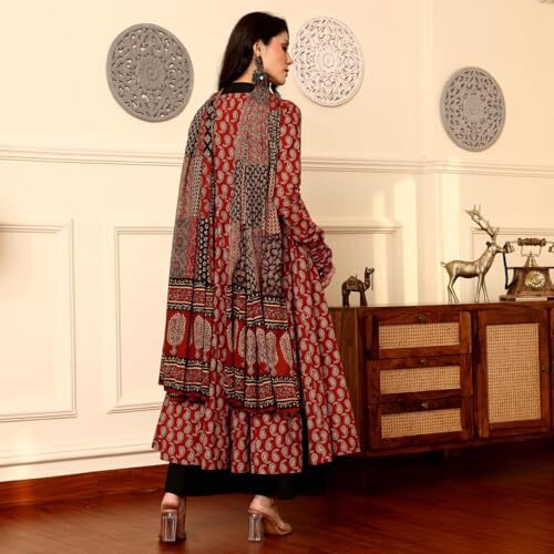 ANNI DESIGNER Women's Rayon Viscose Anarkali Printed Kurta with Palazzo & Dupatta (JATHI RED_M_Red_Medium)