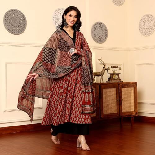 ANNI DESIGNER Women's Rayon Viscose Anarkali Printed Kurta with Palazzo & Dupatta (JATHI RED_M_Red_Medium)