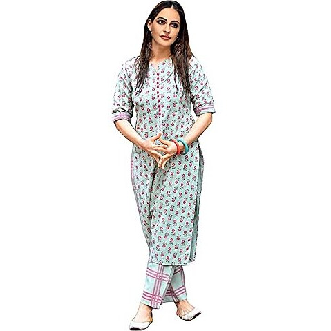 ANNI DESIGNER Women's Cotton Straight Kurta with Palazzo (KUR108_L_Dark Green_Large)