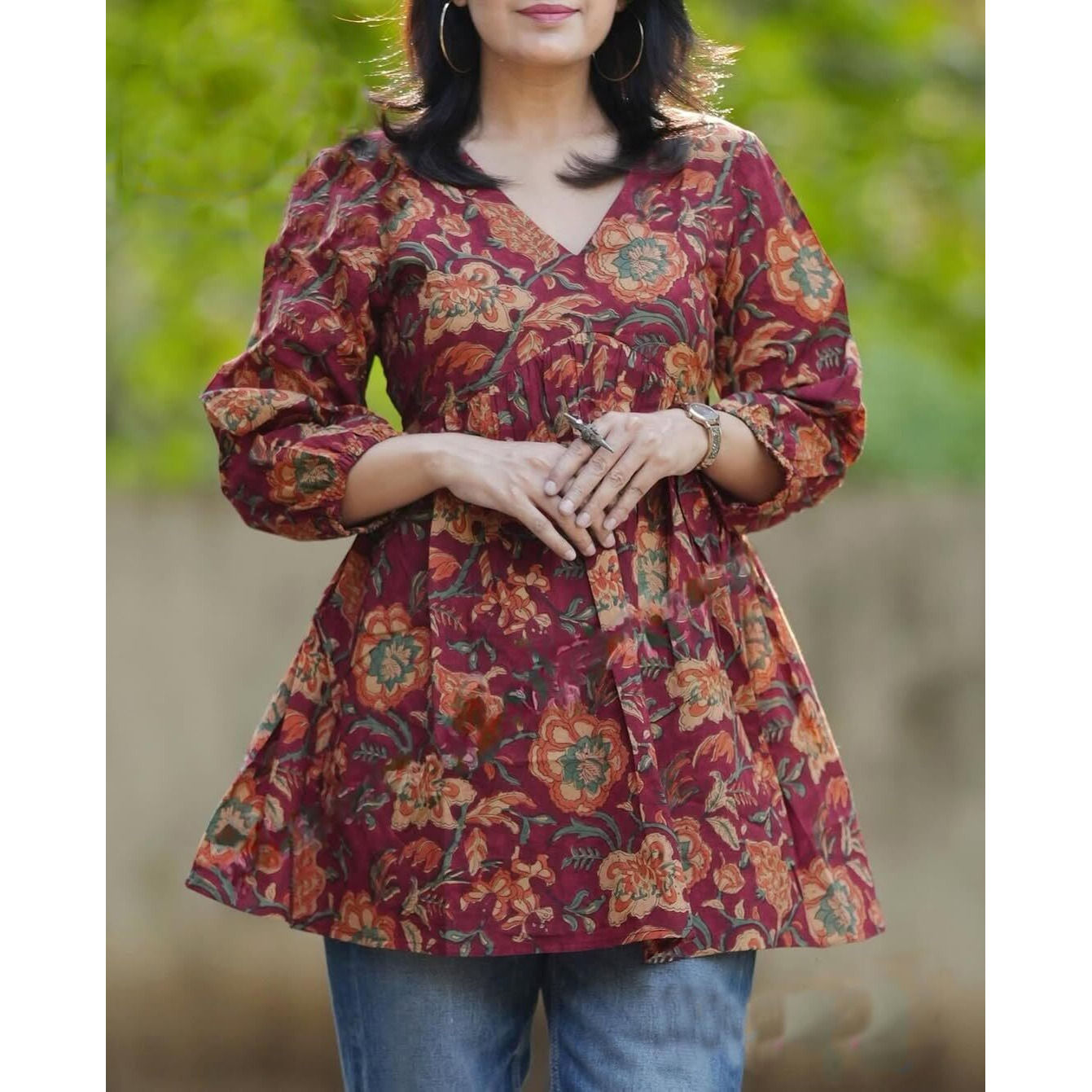KLOSIA Women Printed Short Kurta (in, Alpha, M, Maroon)