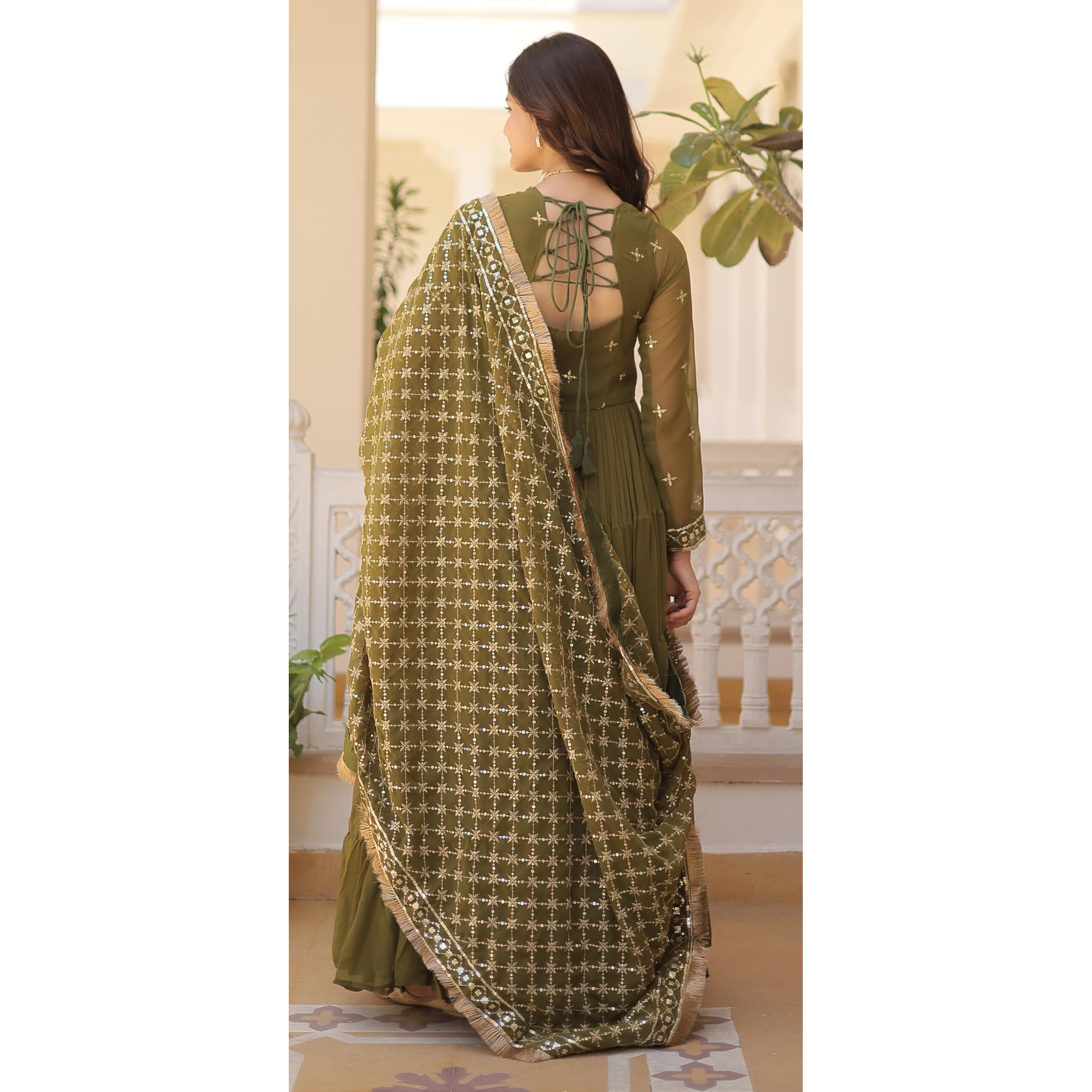 Wedani Georgette Sequins Embroidered Work Anrakali Kurta Set for Women Green