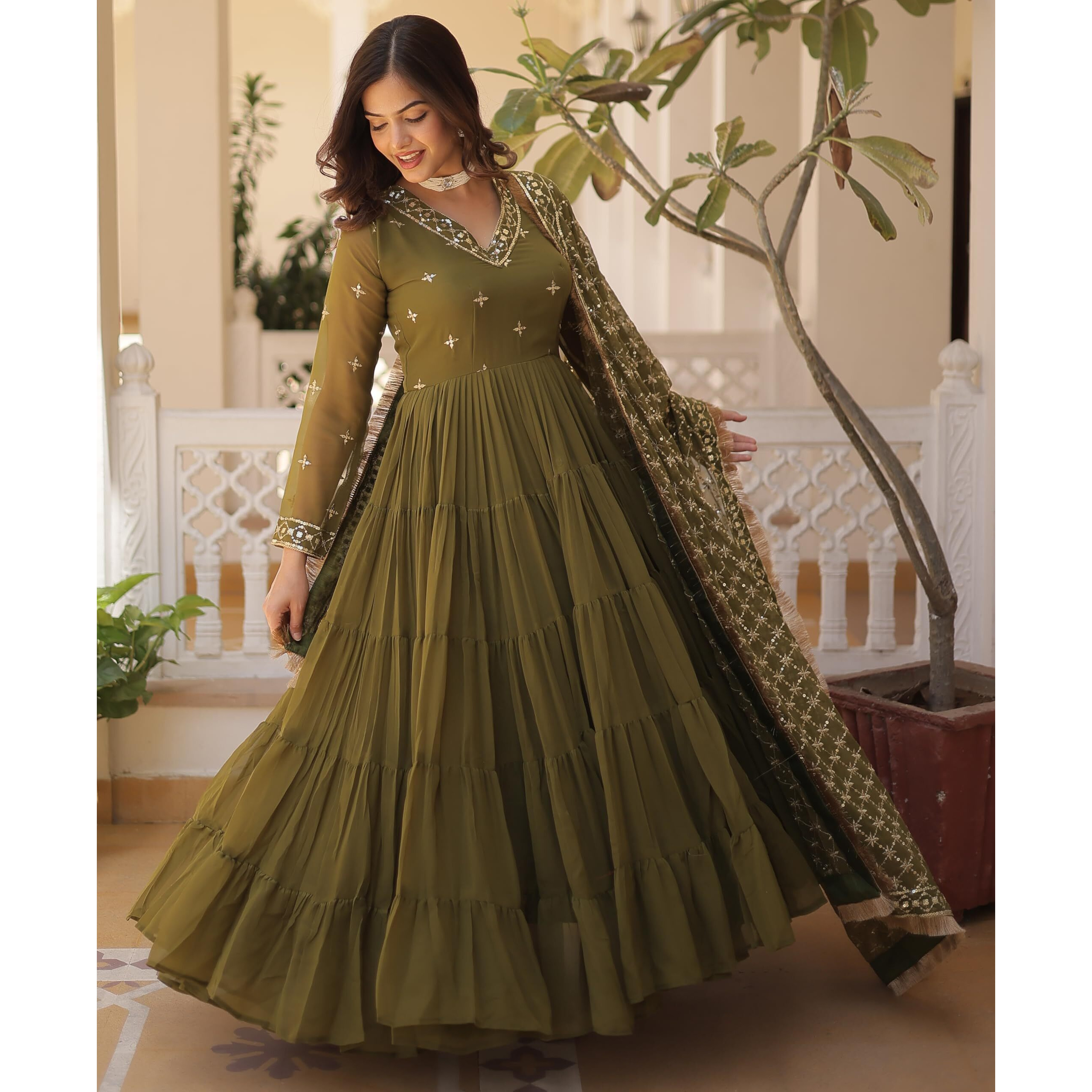 Wedani Georgette Sequins Embroidered Work Anrakali Kurta Set for Women Green