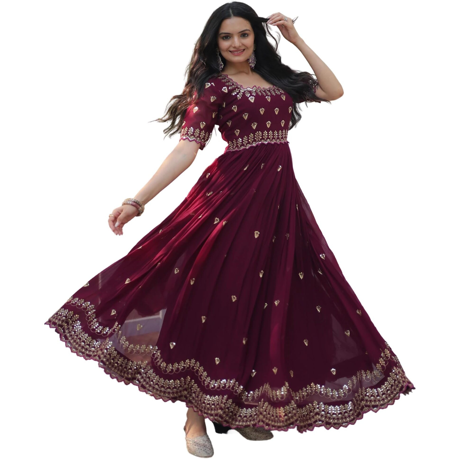 Wedani Georgette Anarkali Kurta Set with Embroidery Work for Women (in, Alpha, S, Regular, Maroon)