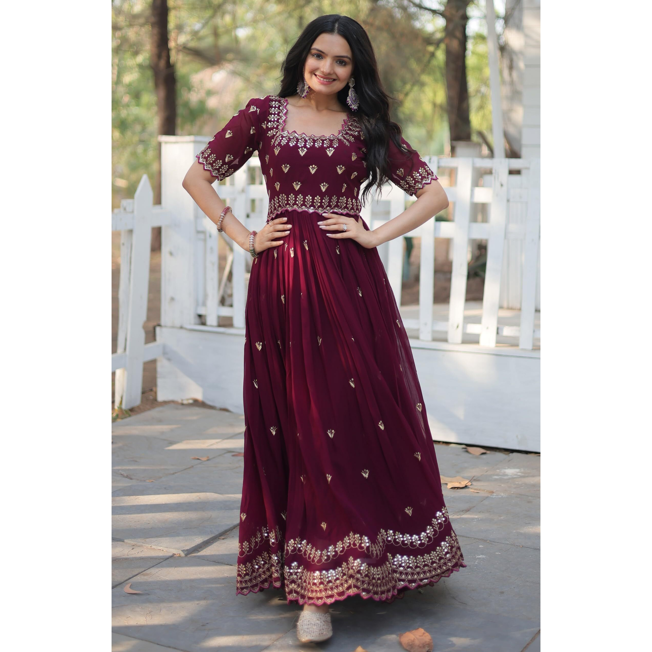 Wedani Georgette Anarkali Kurta Set with Embroidery Work for Women (in, Alpha, S, Regular, Maroon)