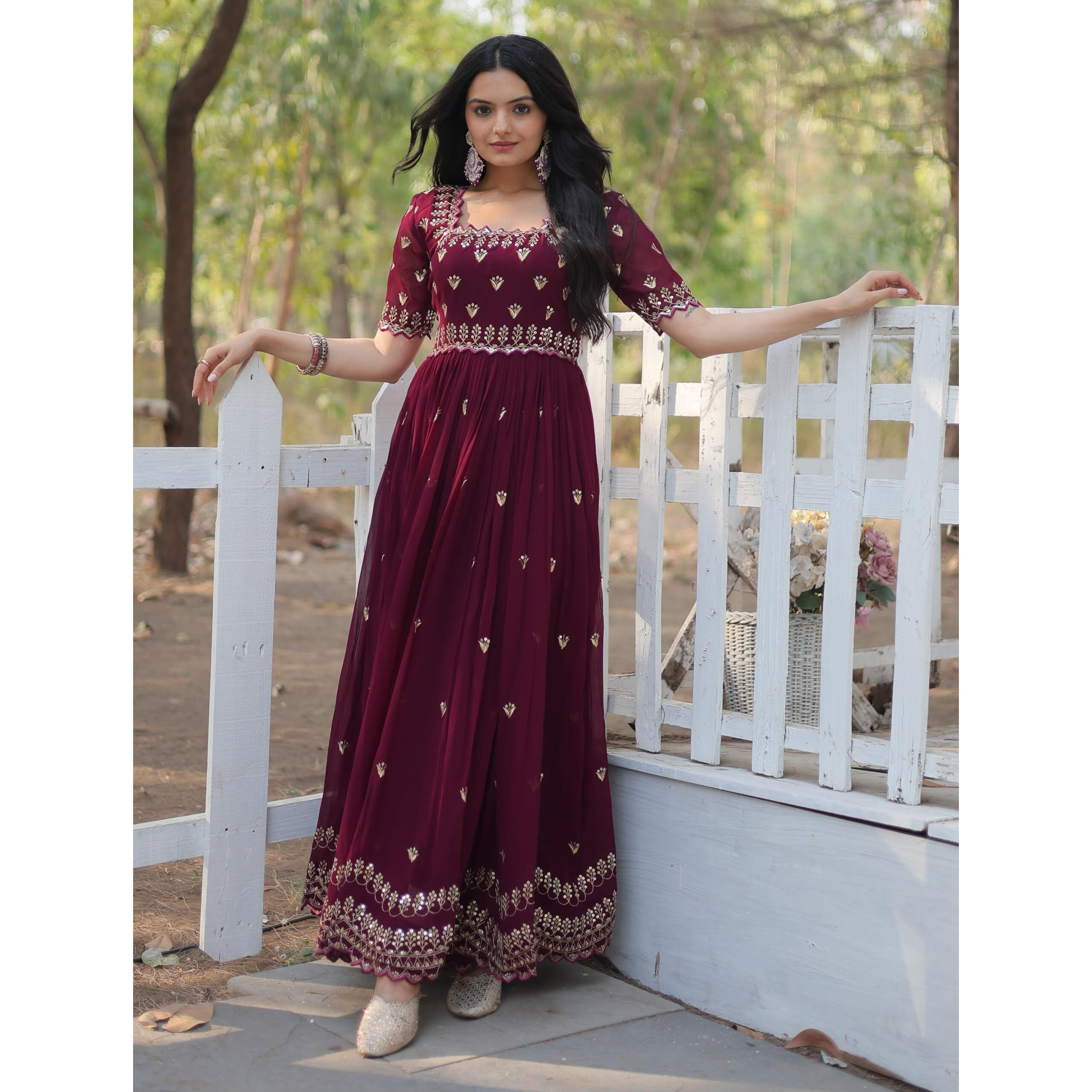 Wedani Georgette Anarkali Kurta Set with Embroidery Work for Women (in, Alpha, S, Regular, Maroon)