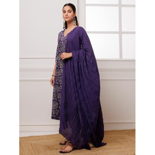 ANNI DESIGNER Women's Cotton Blend Anarkali Printed Kurta with Pant & Dupatta (DABU VIOLET_L_Violet_Large)