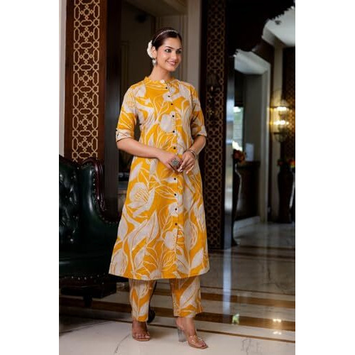 ANNI DESIGNER Women's Rayon Viscose Straight Printed Kurta with Palazzo (Diboli Yellow_L_Yellow_Large)