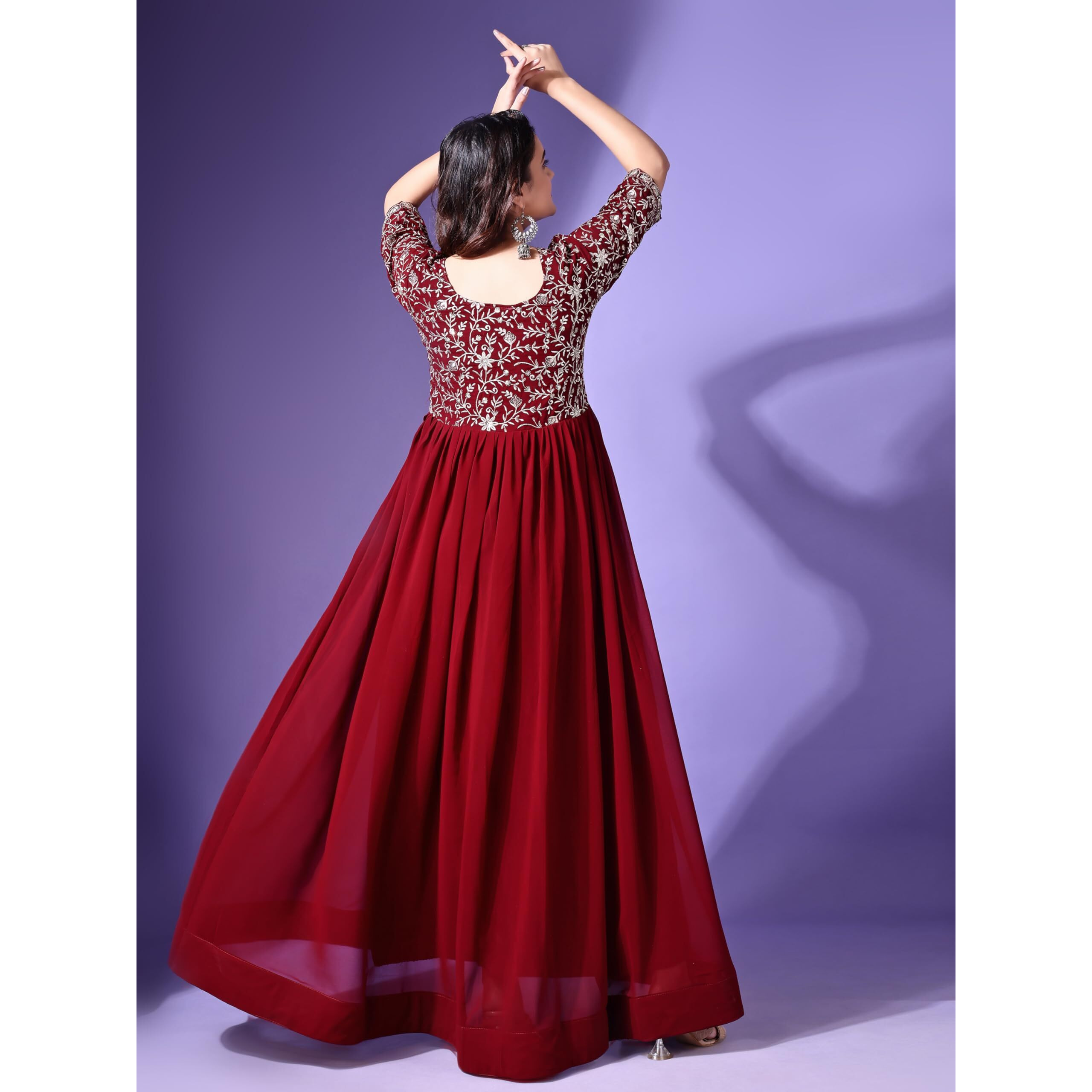 Wedani Georgette Embroidered Long Gown for Women Maroon