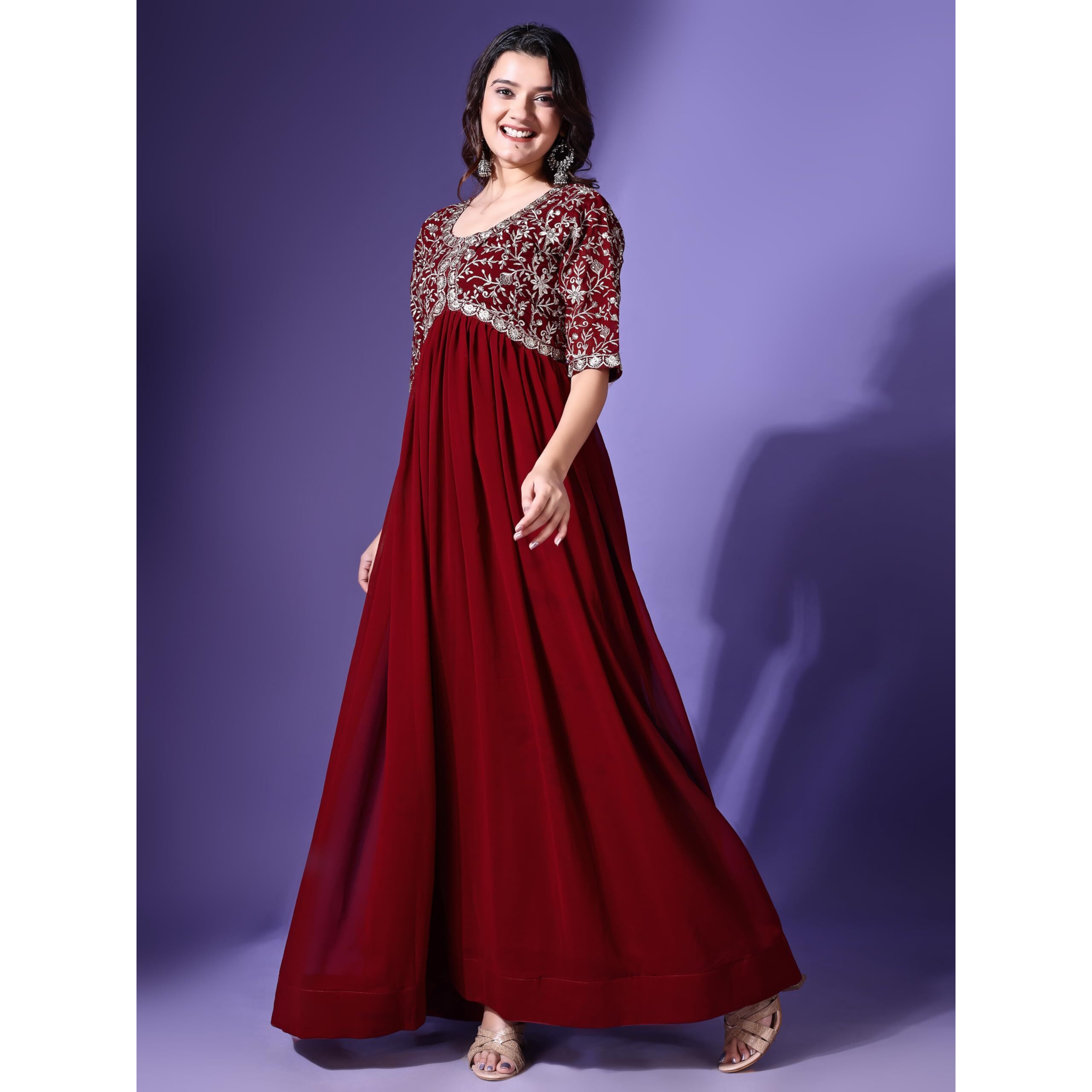Wedani Georgette Embroidered Long Gown for Women Maroon