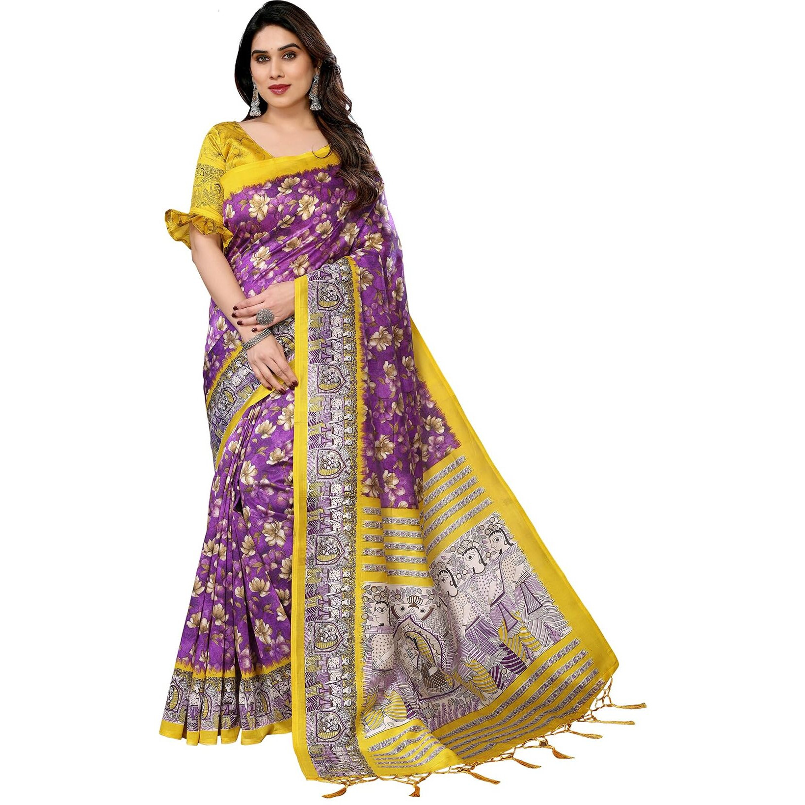 Yashika Women's Printed Kalamkari Art Silk Saree With Tassels and Unstitched Blouse Material (AZ-YS-P1-SUBILA VIOLET JHALAR)