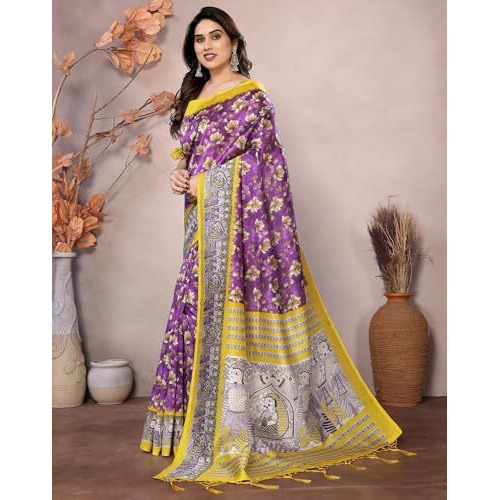 Yashika Women's Printed Kalamkari Art Silk Saree With Tassels and Unstitched Blouse Material (AZ-YS-P1-SUBILA VIOLET JHALAR)