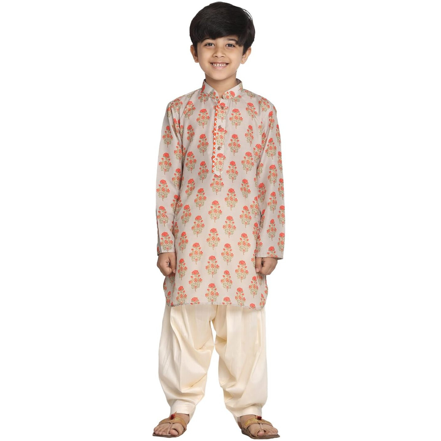 VASTRAMAY Boys' Beige & Cream Muslin Kurta Patiala Set  Digital Floral Print, Eid Special Ethnic Wear