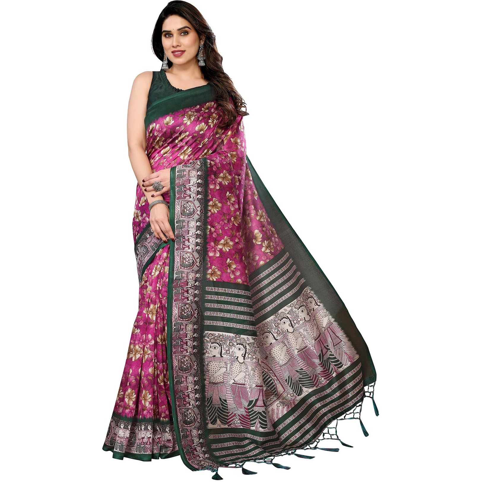 Yashika Women's Printed Kalamkari Art Silk Saree With Tassels and Unstitched Blouse Material (AZ-YS-P1-SUBILA PURPLE JHALAR)