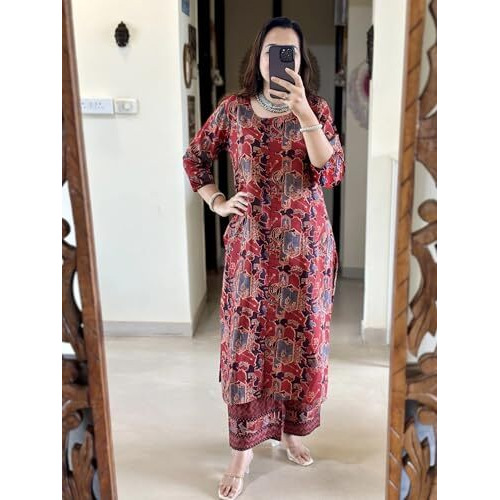 ANNI DESIGNER Women's Rayon Viscose Straight Printed Kurta with Pant (Palhar Red_XXL_Red_XX-Large)