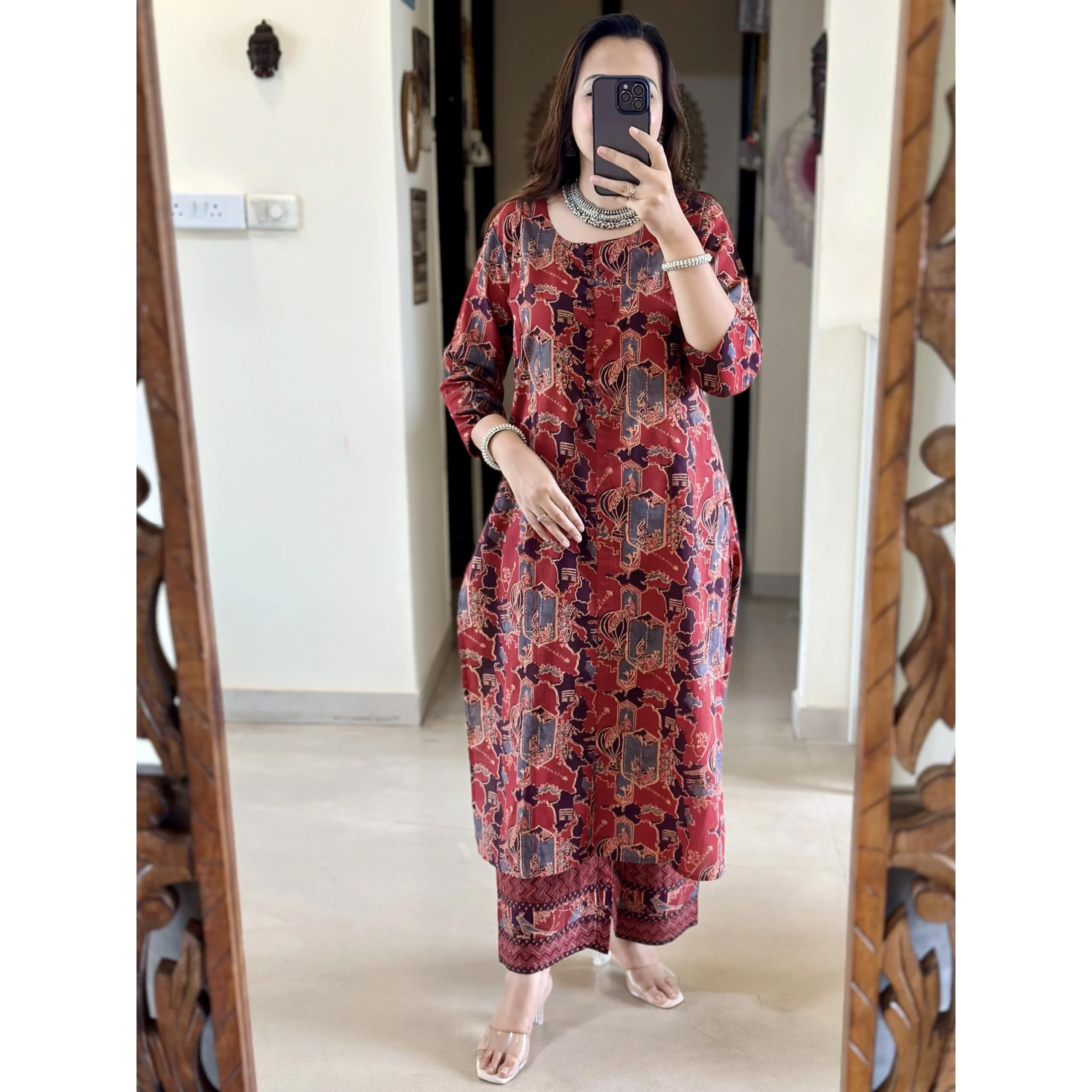 ANNI DESIGNER Women's Rayon Viscose Straight Printed Kurta with Pant (Palhar Red_XXL_Red_XX-Large)