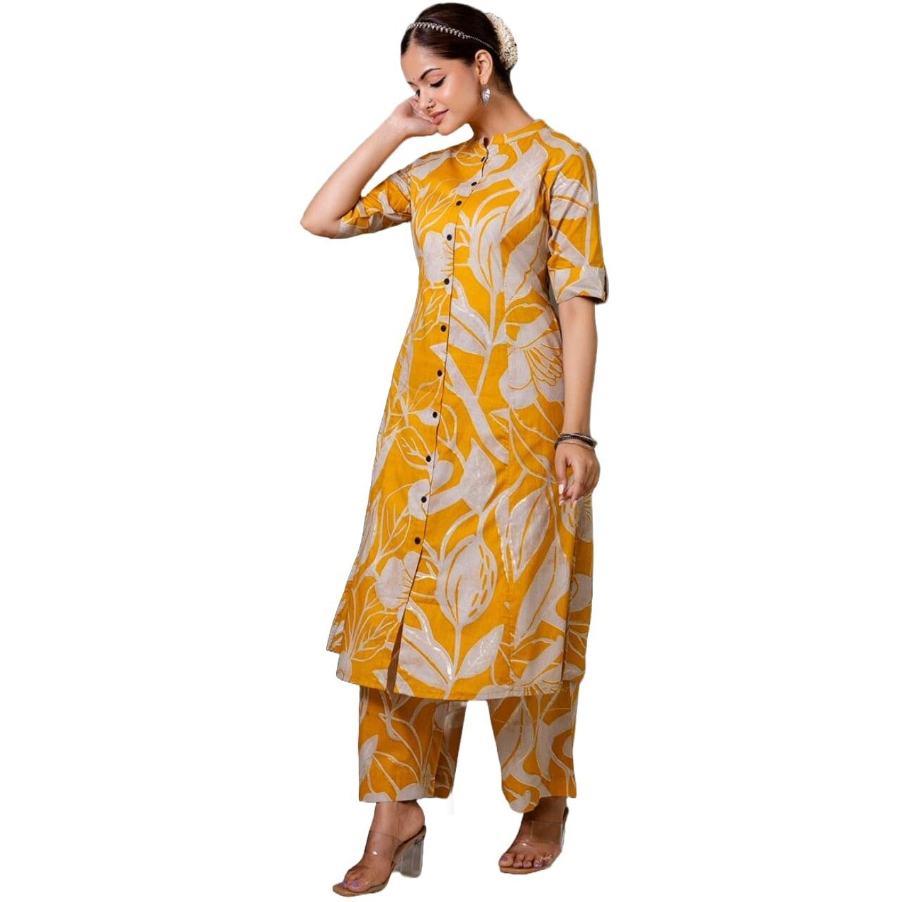 ANNI DESIGNER Women's Rayon Viscose Straight Printed Kurta with Palazzo (Diboli Yellow_XXL_Yellow_XX-Large)