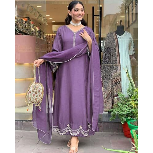 ANNI DESIGNER Women's Rayon Viscose Anarkali Embroidered Kurta with Pant & Dupatta (Ranibai Purple_XL_Purple_X-Large)