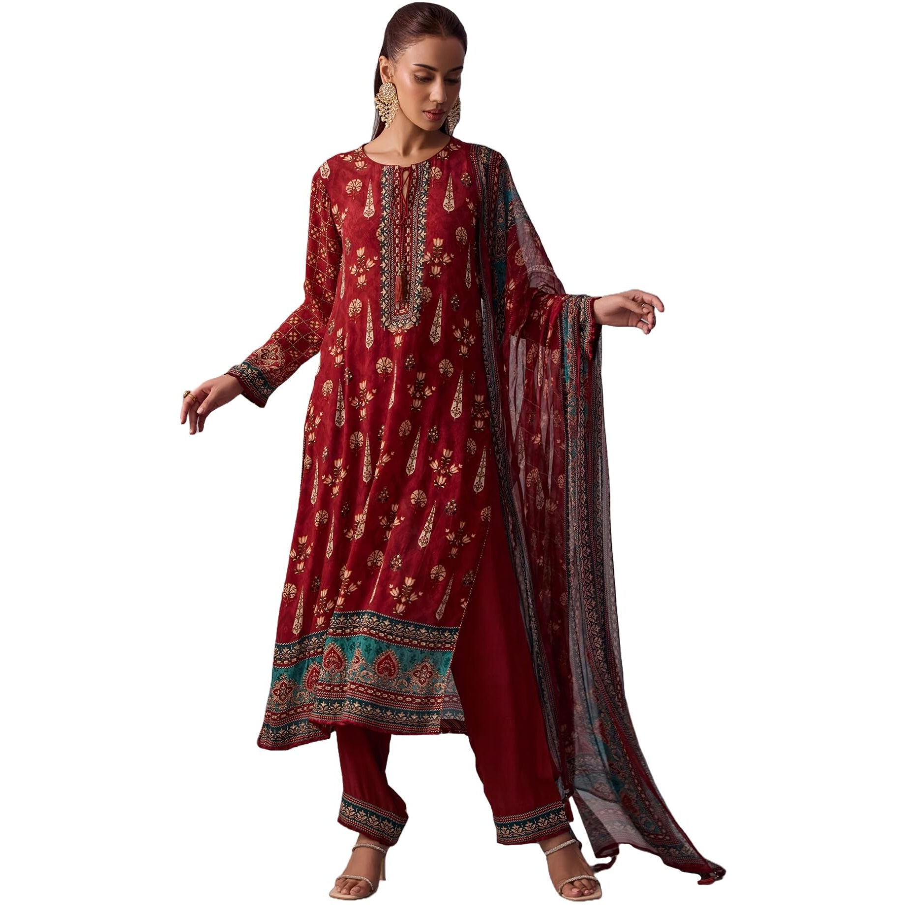 ANNI DESIGNER Women's Rayon Viscose Straight Printed Kurta with Pant & Dupatta (Malta RED_M_Red_Medium)