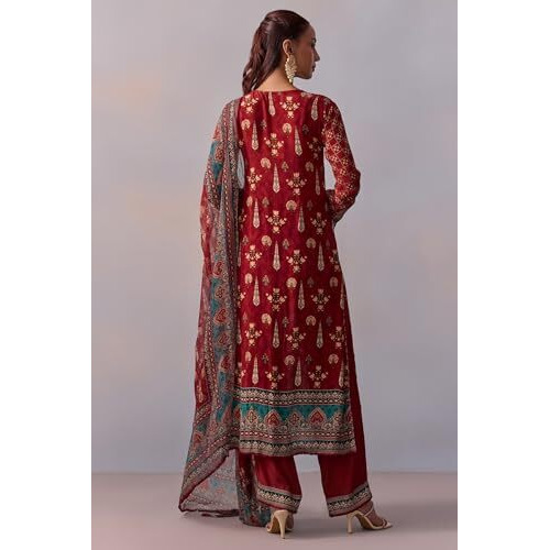 ANNI DESIGNER Women's Rayon Viscose Straight Printed Kurta with Pant & Dupatta (Malta RED_M_Red_Medium)