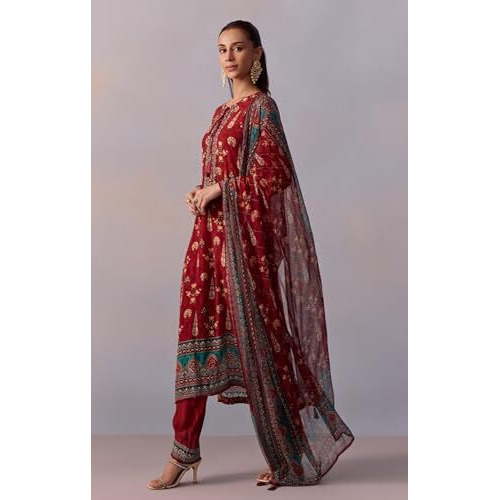 ANNI DESIGNER Women's Rayon Viscose Straight Printed Kurta with Pant & Dupatta (Malta RED_M_Red_Medium)