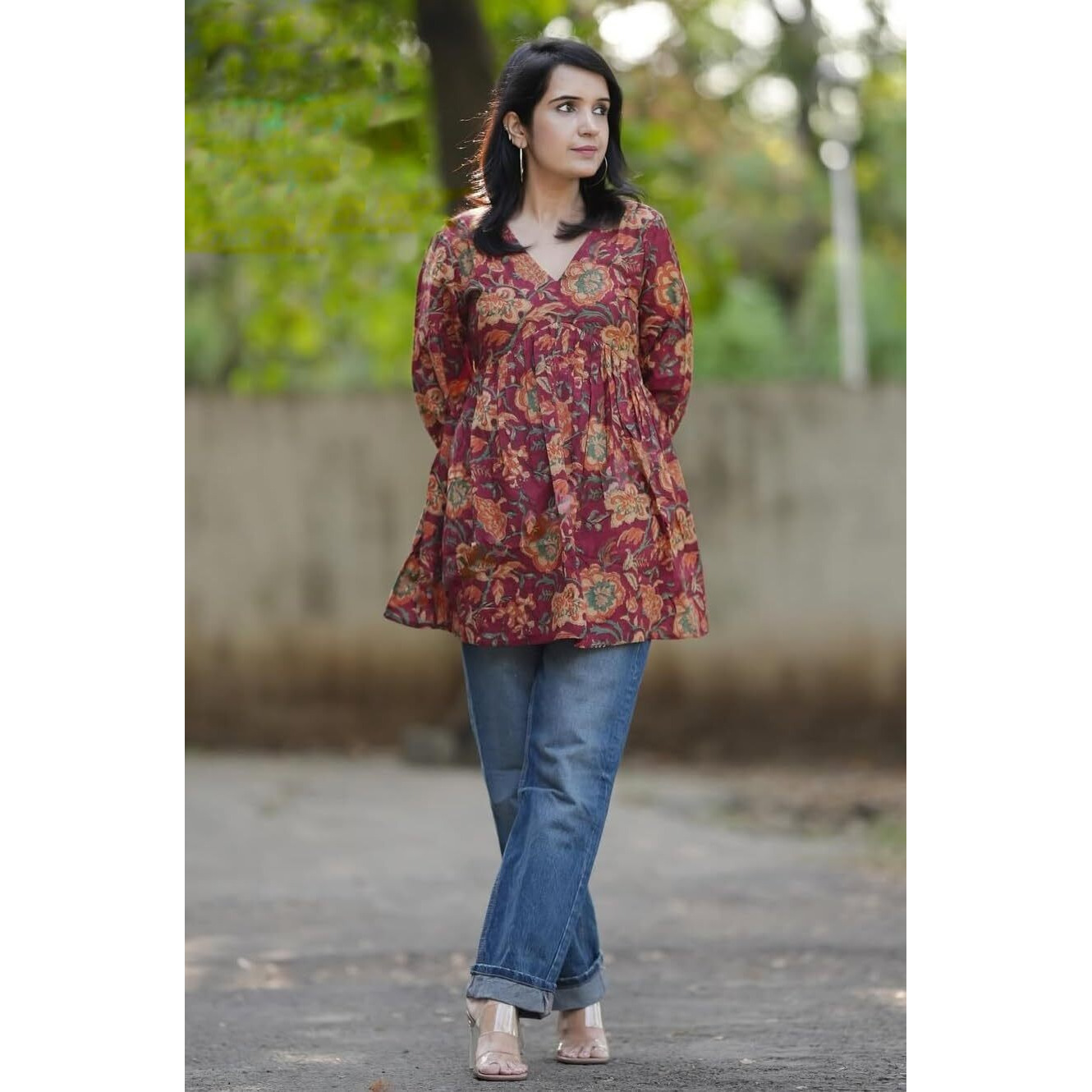 KLOSIA Women Printed Short Kurta (in, Alpha, XL, Maroon)
