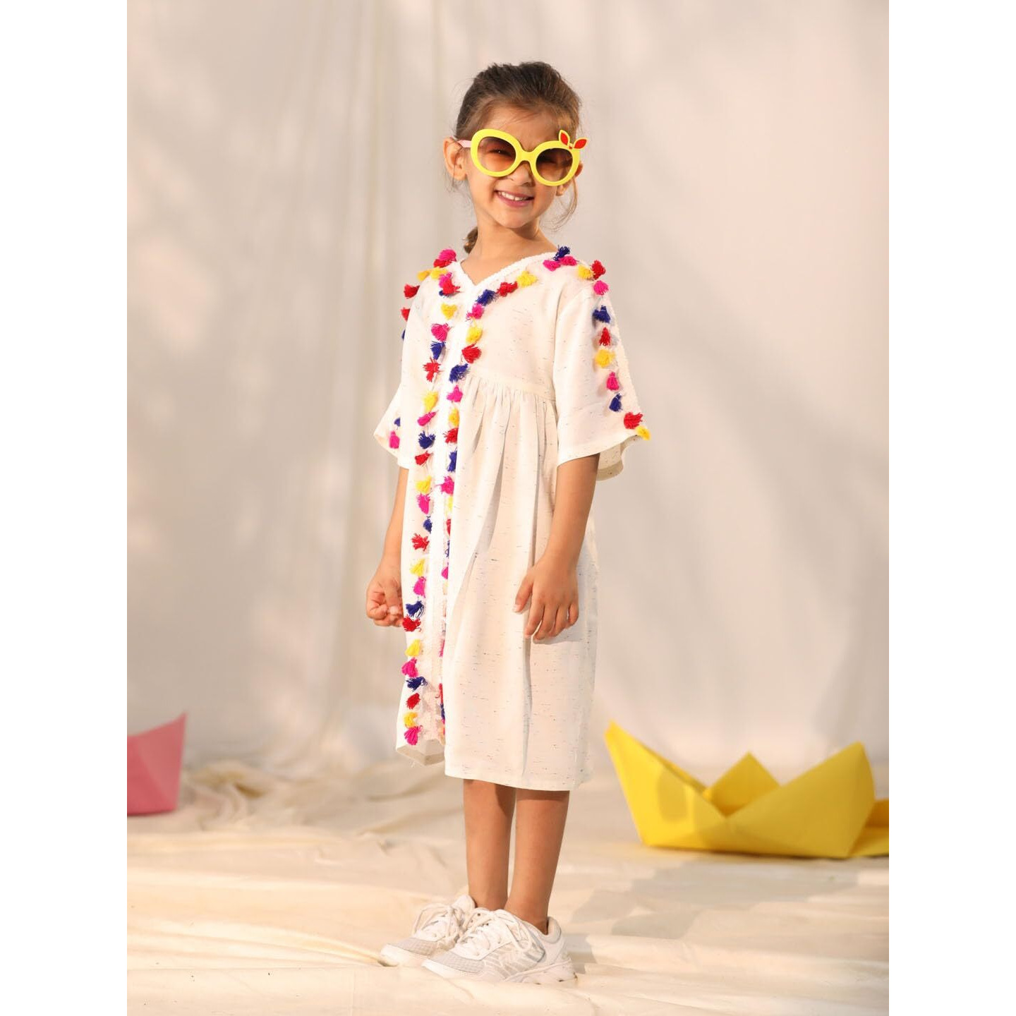 VASTRAMAY Girls' Handcrafted Cotton Blend Flared Dress  V-Neck with Colorful Tassel Lace  Perfect for Holi & Eid Cream