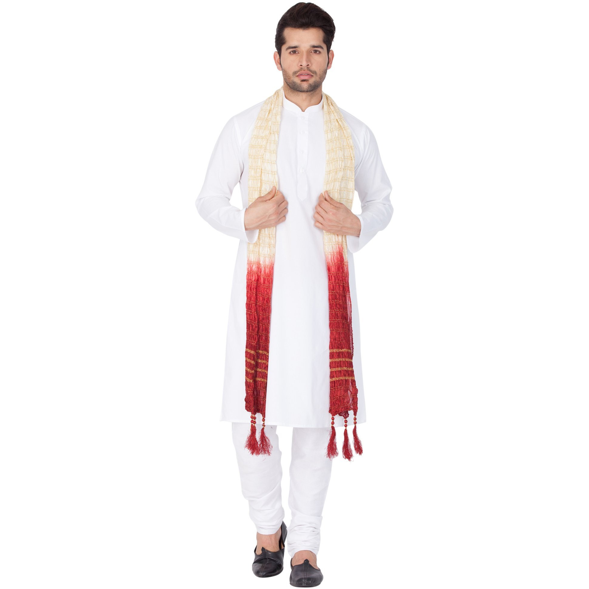 VASTRAMAY Men's White Cotton Blend Kurta, Pyjama & Dupatta Set_VASMKWH000nPCWHnD_38