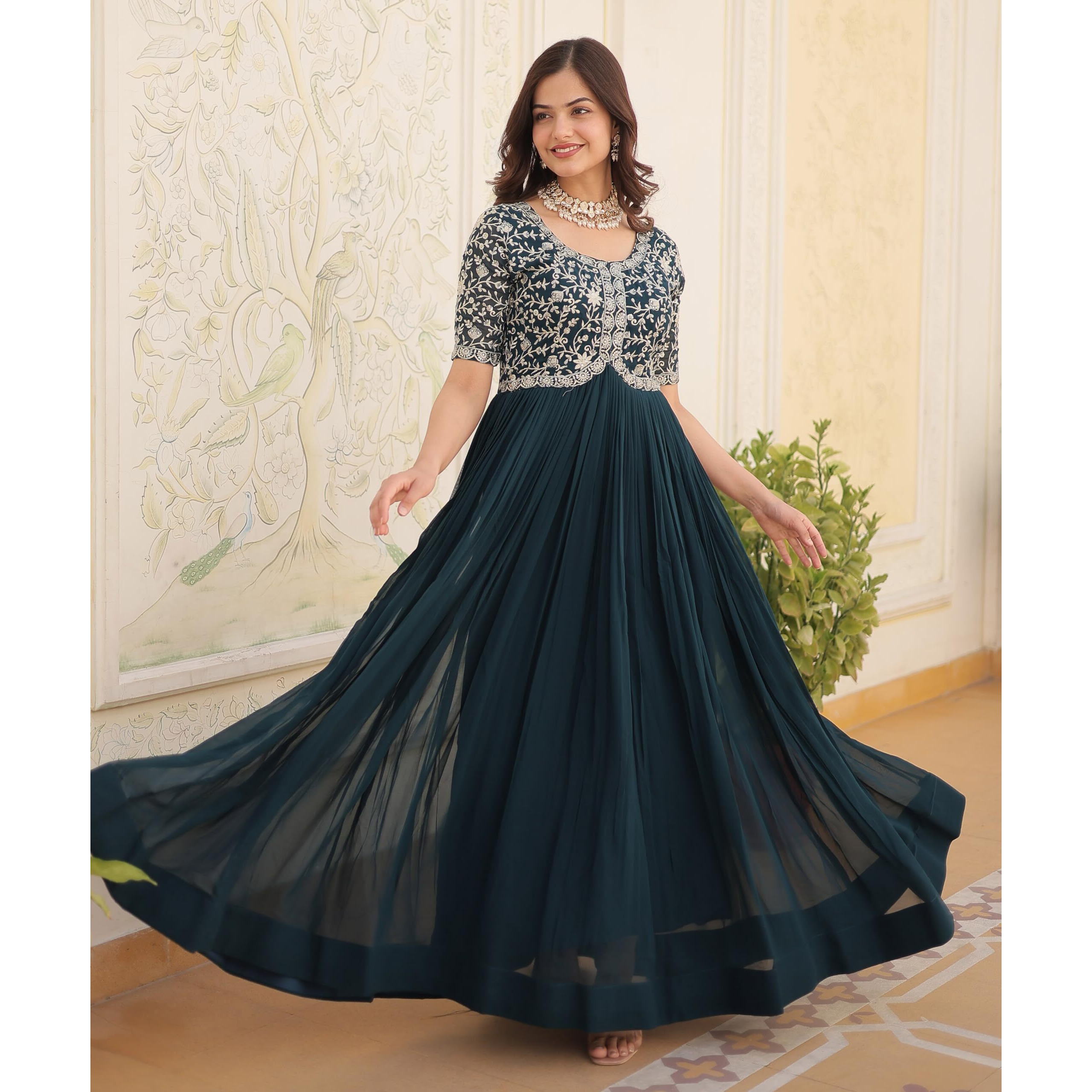 Wedani Georgette Anarkali Gown with Embroidered Top for Women (in, Alpha, S, Regular, Turquoise)