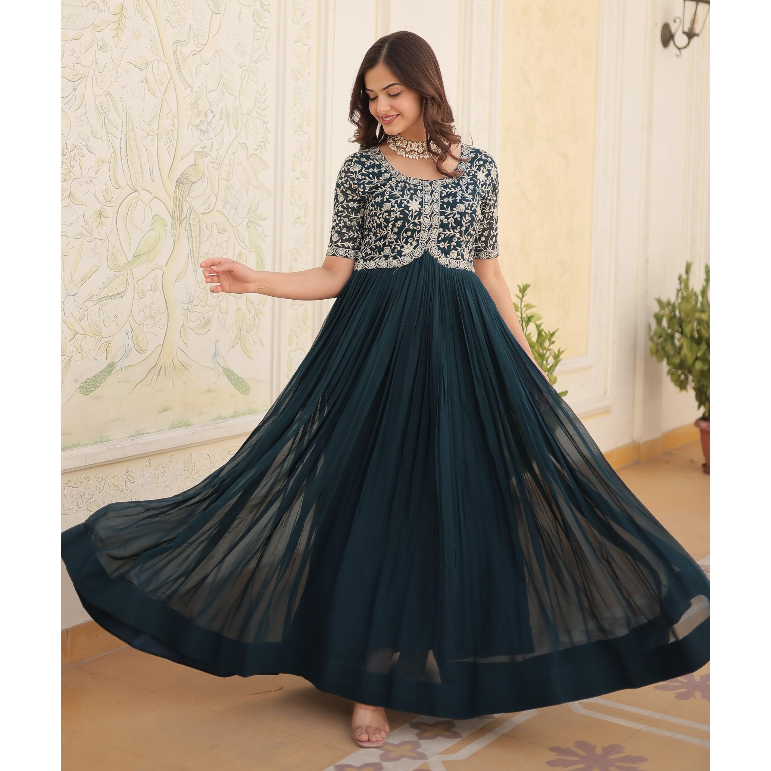 Wedani Georgette Anarkali Gown with Embroidered Top for Women (in, Alpha, S, Regular, Turquoise)