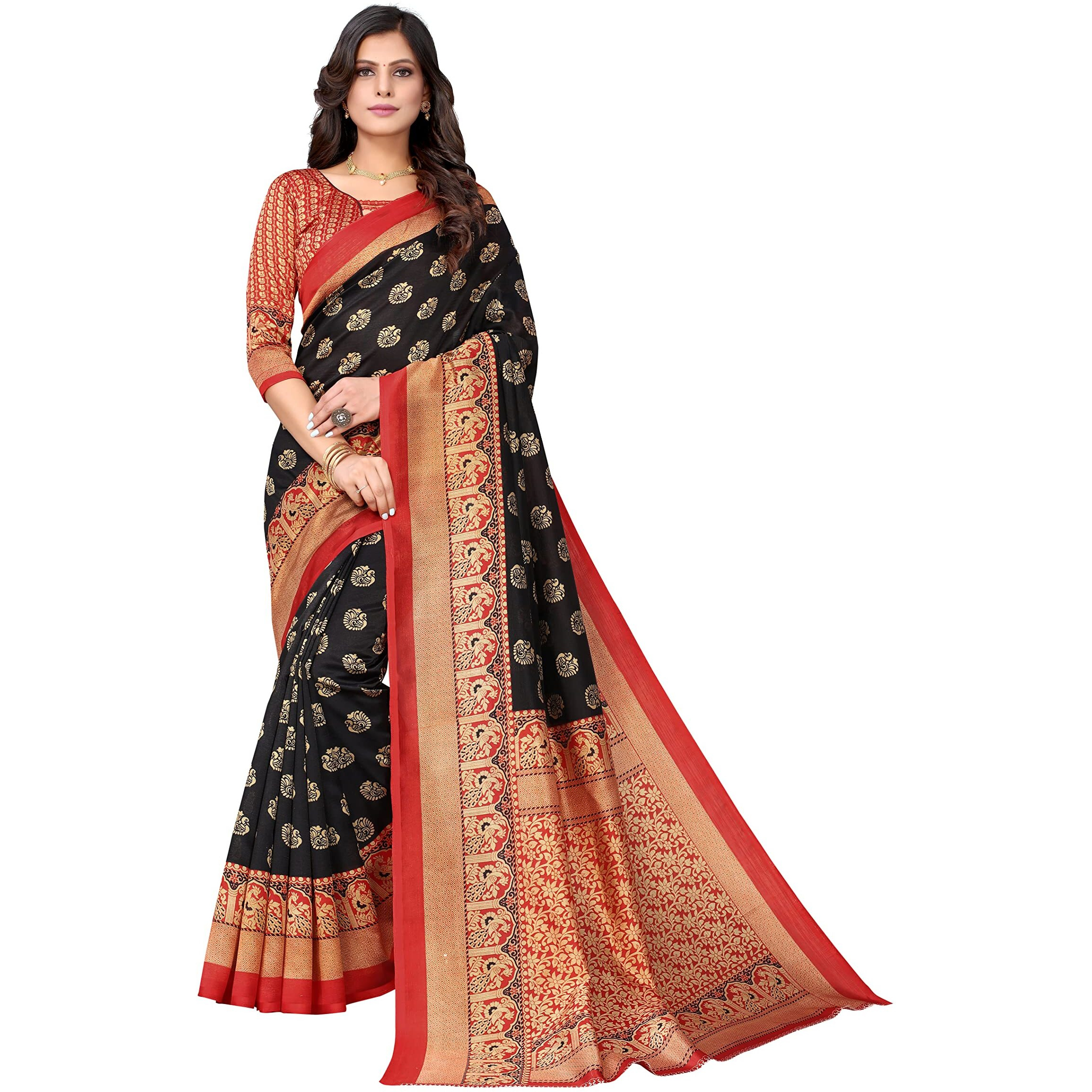 Yashika Womens Art Silk Printed Saree With Blouse Piece(MINALI BLACK_Free Size)
