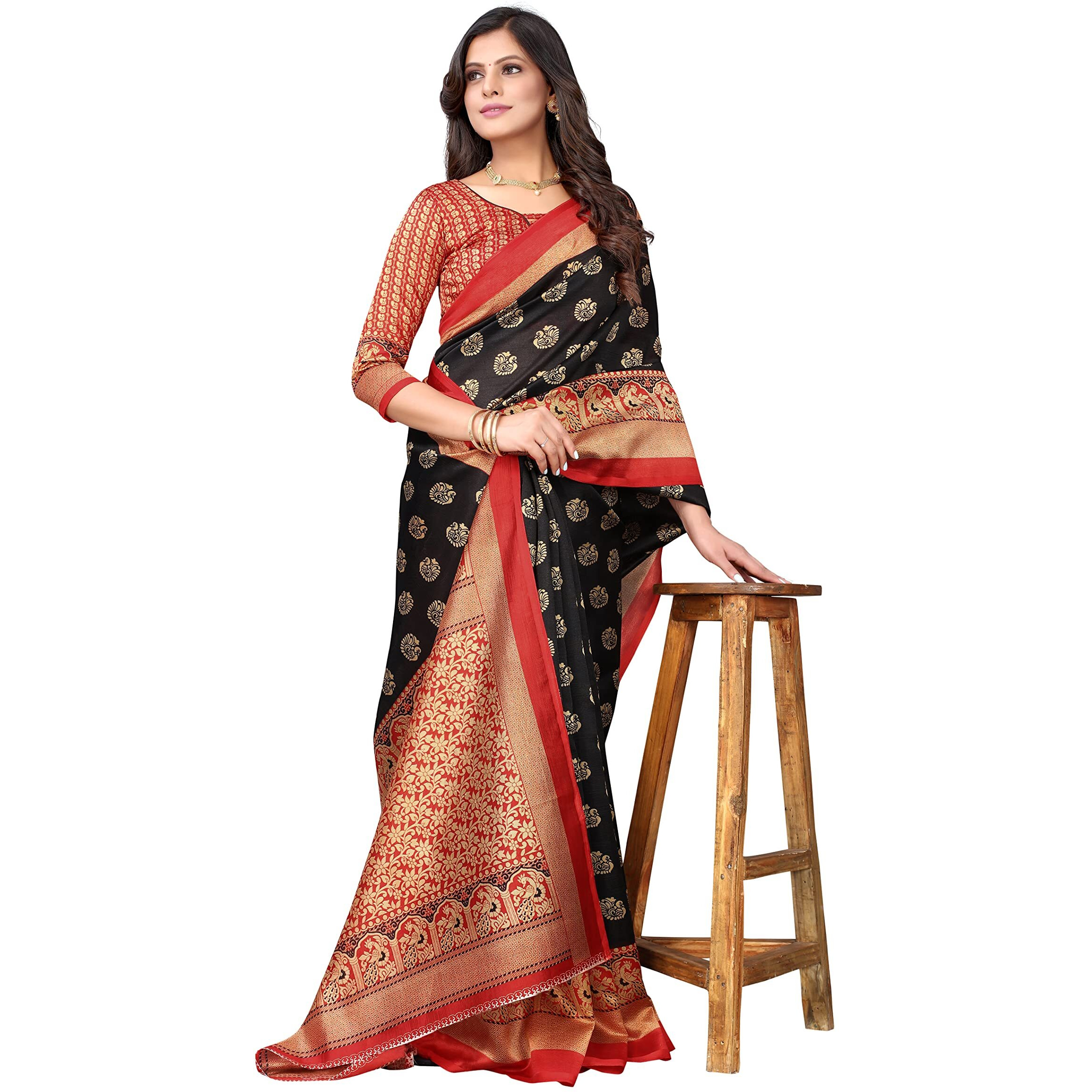 Yashika Womens Art Silk Printed Saree With Blouse Piece(MINALI BLACK_Free Size)