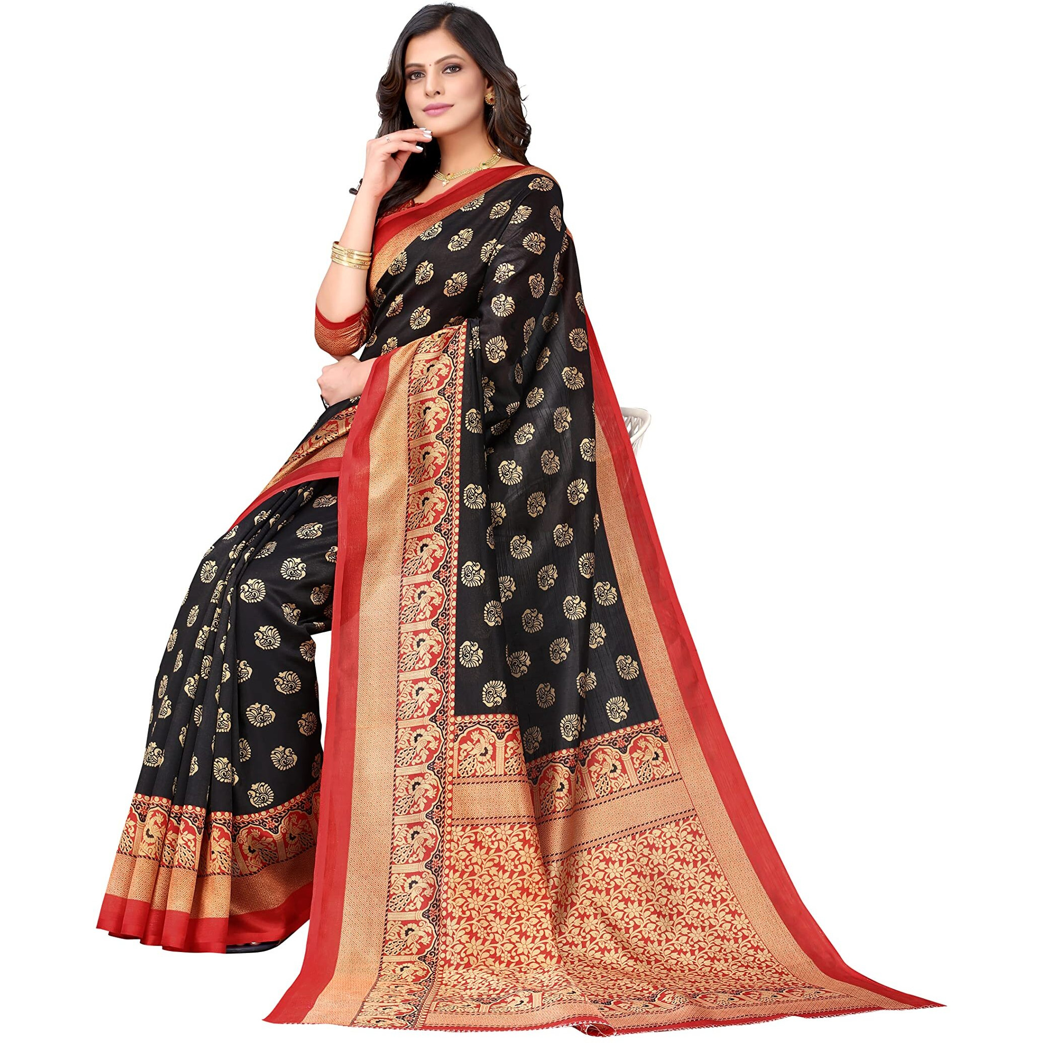 Yashika Womens Art Silk Printed Saree With Blouse Piece(MINALI BLACK_Free Size)