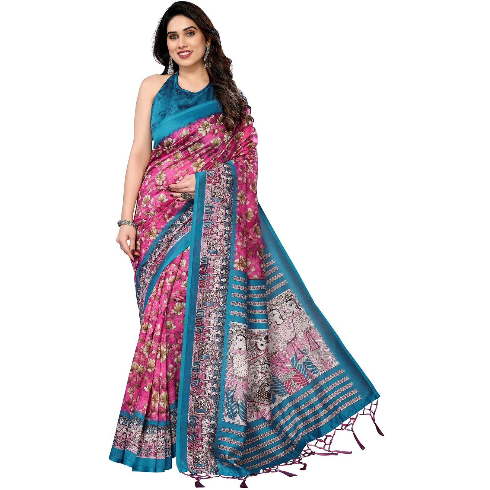 Yashika Women's Printed Kalamkari Art Silk Saree With Tassels and Unstitched Blouse Material (AZ-YS-P1-SUBILA PINK JHALAR)