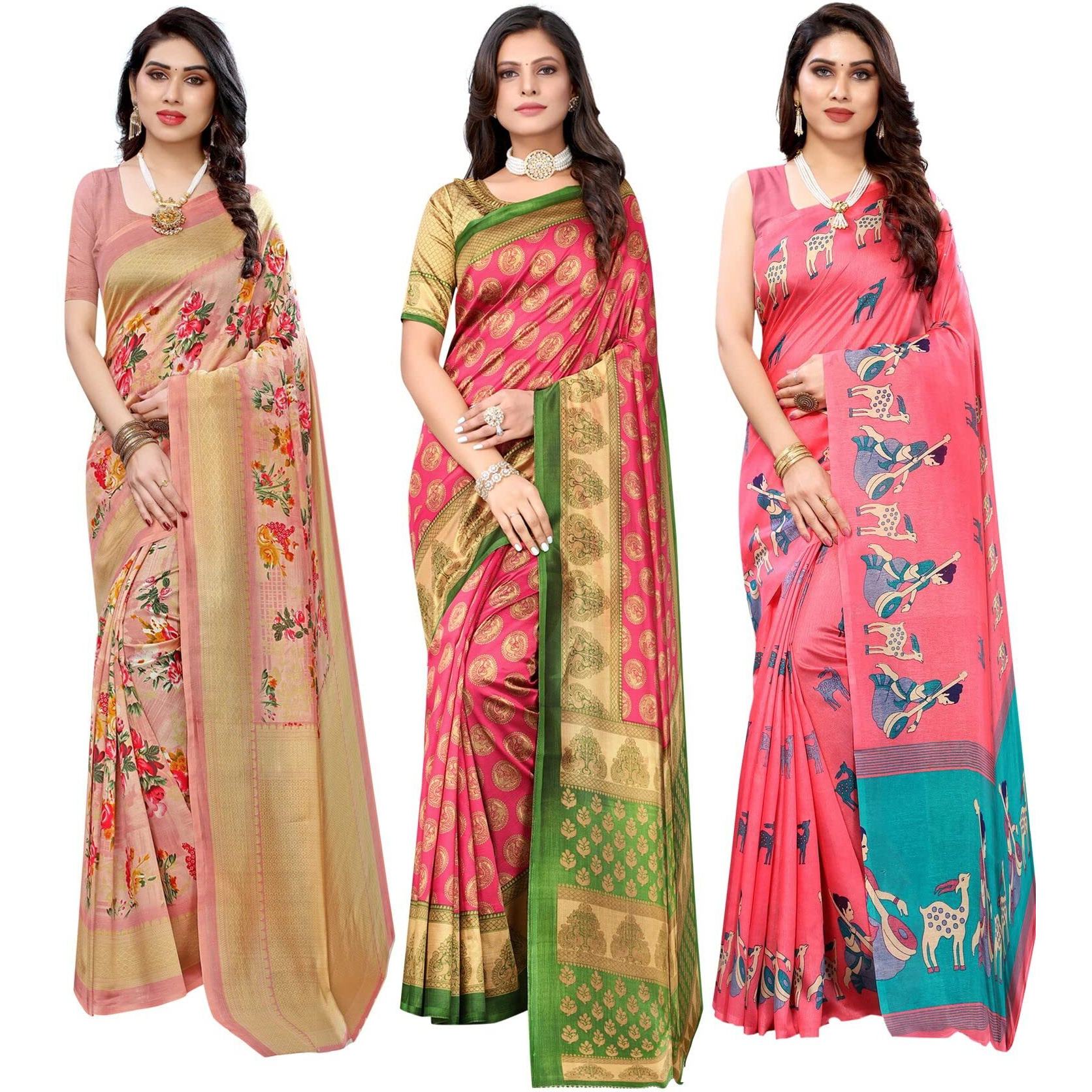 Yashika Women's Combo Art Silk Saree with Blouse Piece-Pack of 3(AIR Peach-ALIFA MAITHALI Pink) Multicolor-03
