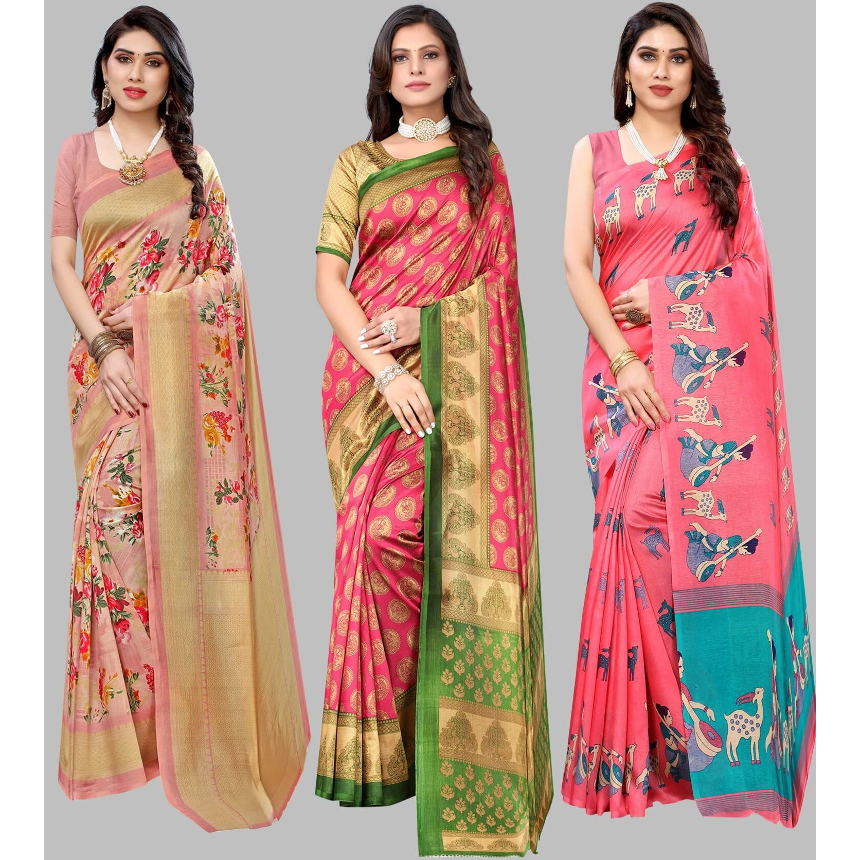 Yashika Women's Combo Art Silk Saree with Blouse Piece-Pack of 3(AIR Peach-ALIFA MAITHALI Pink) Multicolor-03