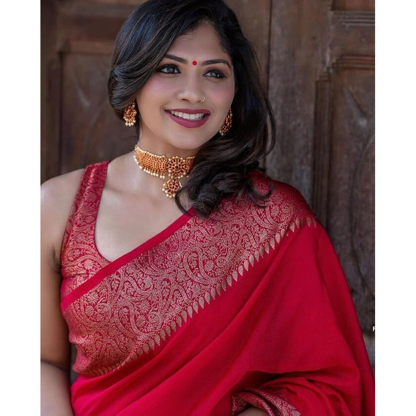 Yashika Women's Solid Red Banarasi Kanjivaram Cotton Silk Saree With Unstitched Blouse Material For Women (AZ-YS-OG-JHATKA RED)