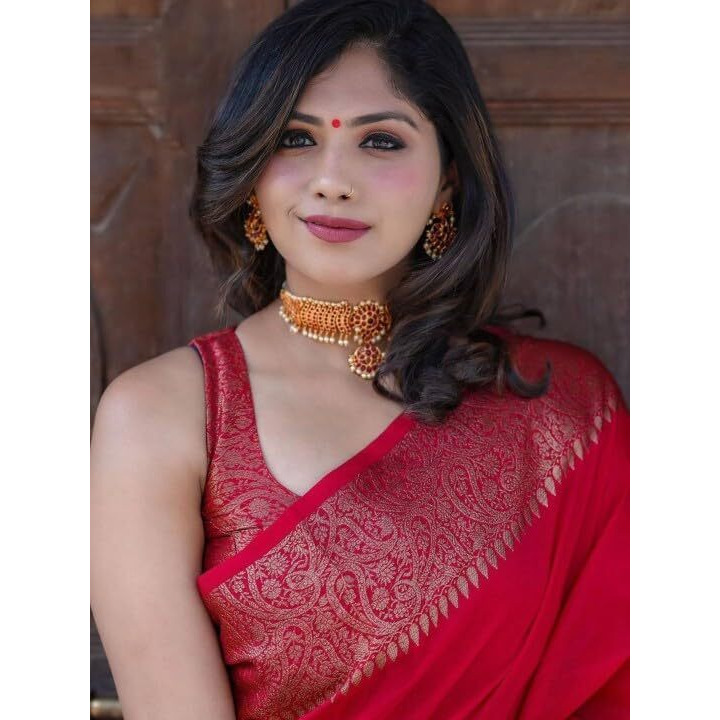 Yashika Women's Solid Red Banarasi Kanjivaram Cotton Silk Saree With Unstitched Blouse Material For Women (AZ-YS-OG-JHATKA RED)