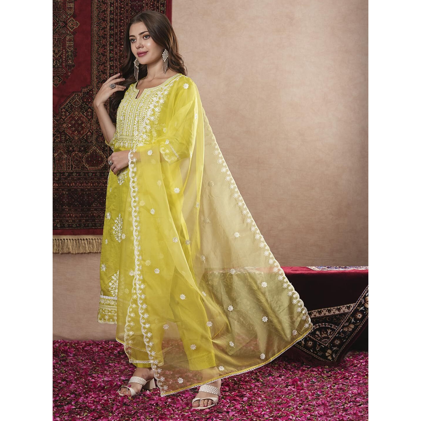 ANNI DESIGNER Women's Rayon Blend Straight Embroidered Kurta with Pant & Dupatta (Carlton LEMON-VKS07_S_Lemon_Small)
