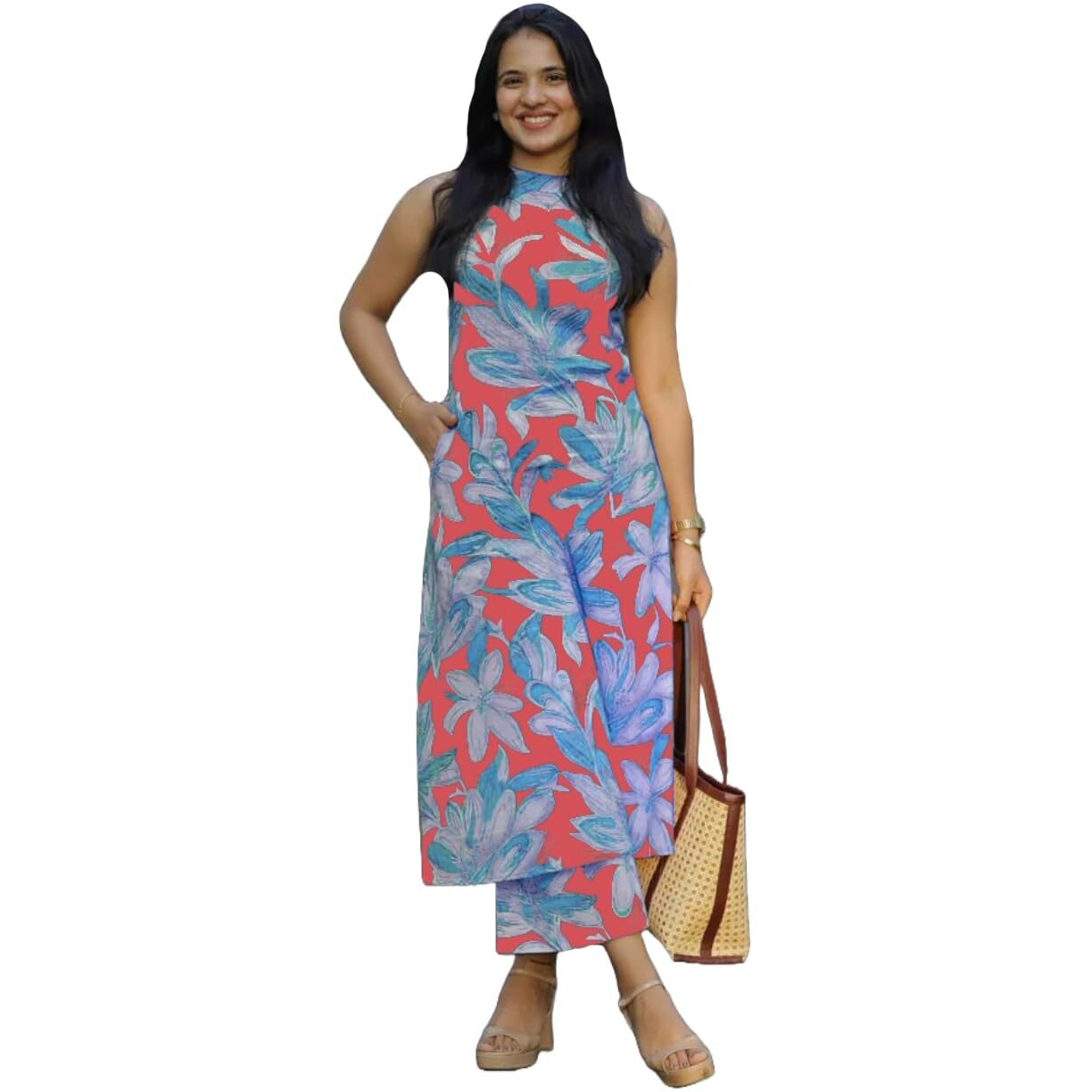 ANNI DESIGNER Women's Rayon Viscose Straight Printed Kurta with Pant (VCM Peach_S_Peach_Small)