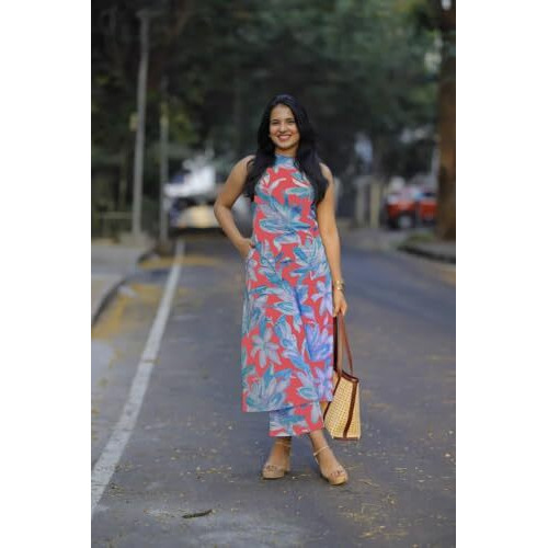 ANNI DESIGNER Women's Rayon Viscose Straight Printed Kurta with Pant (VCM Peach_S_Peach_Small)
