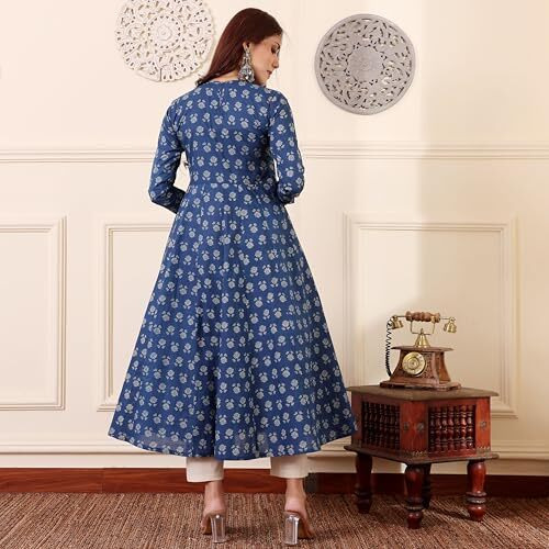 ANNI DESIGNER Women's Rayon Viscose Anarkali Printed Kurta with Pant & Dupatta (Menon Blue_XXL_Blue_XX-Large)