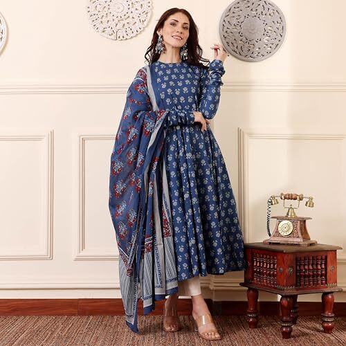 ANNI DESIGNER Women's Rayon Viscose Anarkali Printed Kurta with Pant & Dupatta (Menon Blue_XXL_Blue_XX-Large)