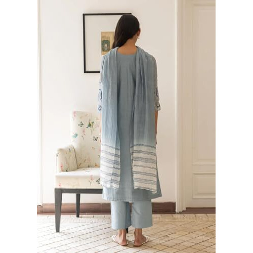 ANNI DESIGNER Women's Rayon Viscose Printed Straight Kurta with Pant & Dupatta (Gana Blue_XXL_Blue_XX-Large)