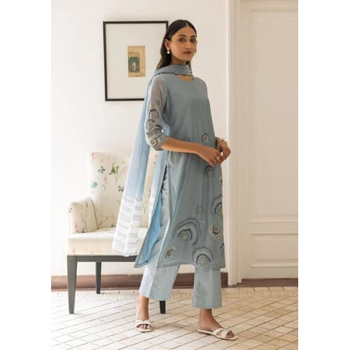 ANNI DESIGNER Women's Rayon Viscose Printed Straight Kurta with Pant & Dupatta (Gana Blue_XXL_Blue_XX-Large)