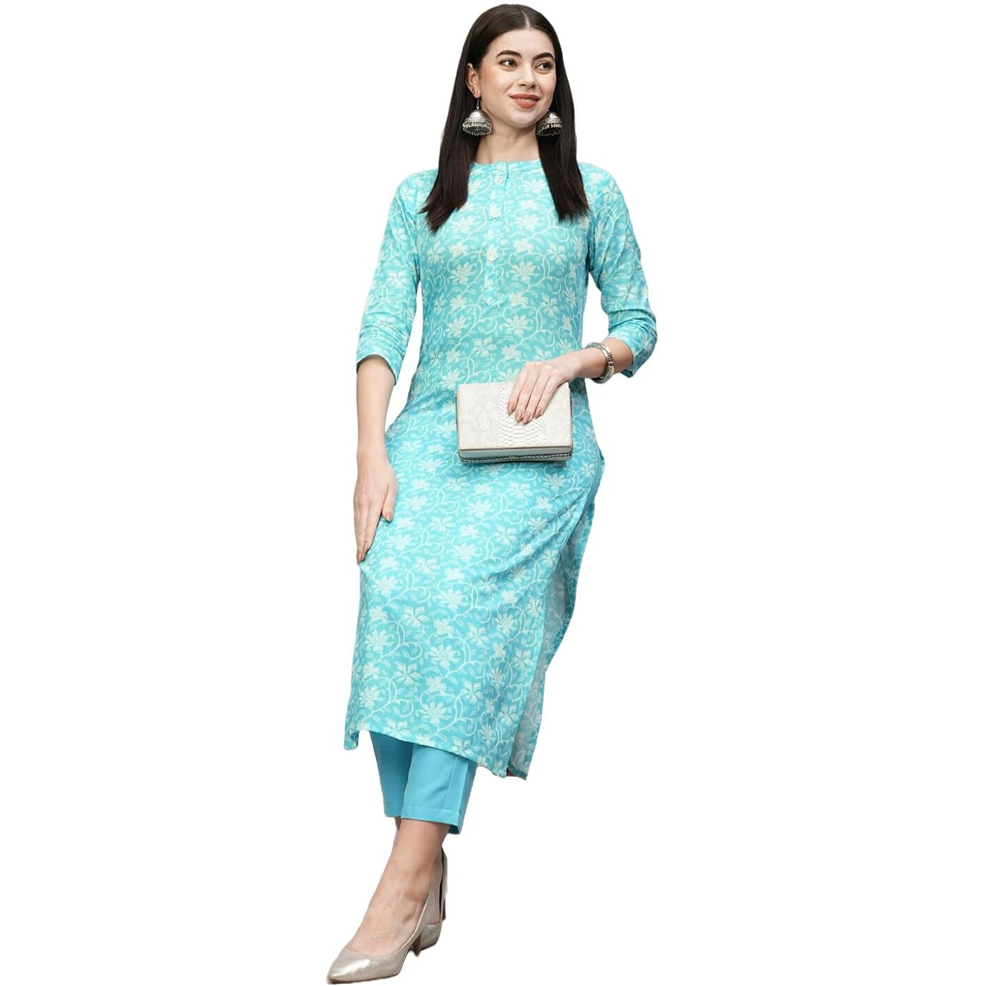 ANNI DESIGNER Women's Cotton Blend Straight Printed Kurta with Pant (Evika Blue-NW_L_Blue_Large)