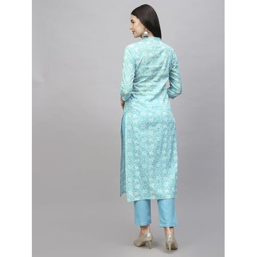 ANNI DESIGNER Women's Cotton Blend Straight Printed Kurta with Pant (Evika Blue-NW_L_Blue_Large)