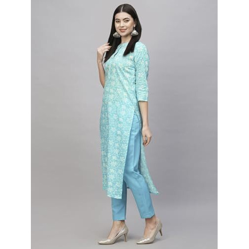 ANNI DESIGNER Women's Cotton Blend Straight Printed Kurta with Pant (Evika Blue-NW_L_Blue_Large)