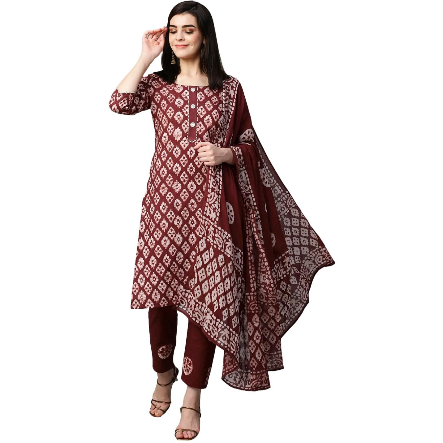 ANNI DESIGNER Women's Cotton Blend Printed Straight Kurta with Pant & Dupatta (Sayara-Wine-NW_M_Wine_Medium)
