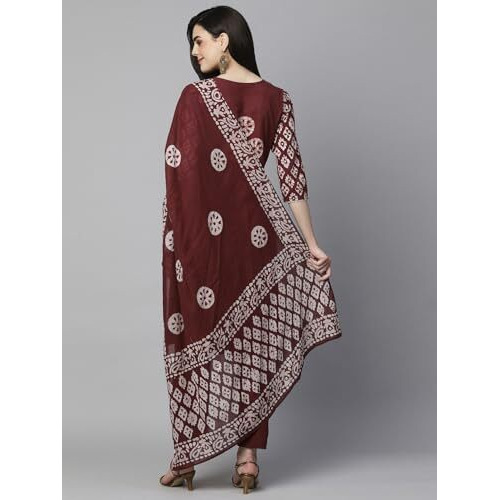 ANNI DESIGNER Women's Cotton Blend Printed Straight Kurta with Pant & Dupatta (Sayara-Wine-NW_M_Wine_Medium)